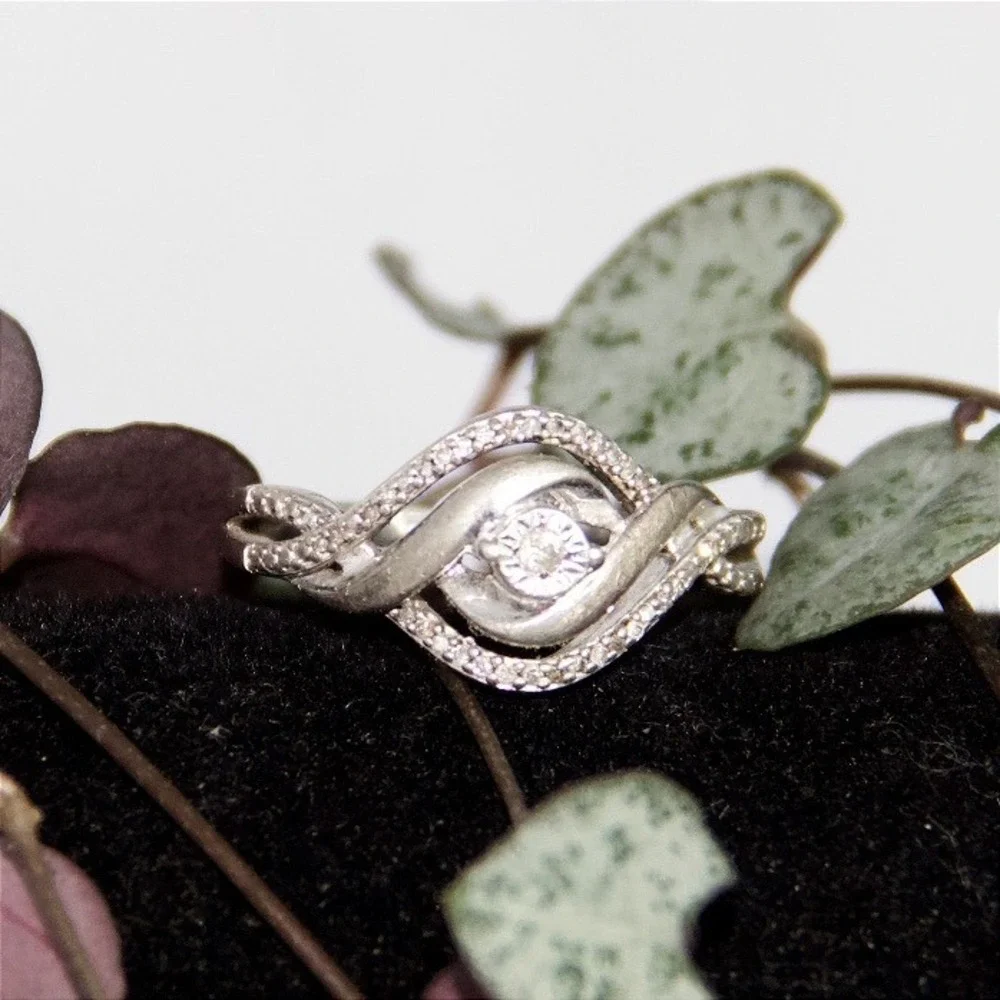 Sterling Silver 925 Bypass‎ Swirl Ring Round Accent Pave Crystal Band Size 7